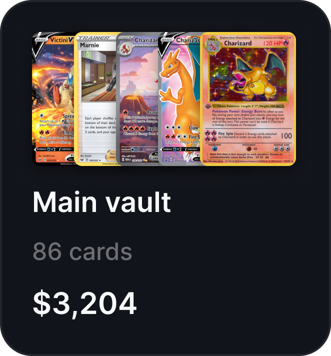 Main vault binder showing 86 cards worth $3,204 in HoloGem