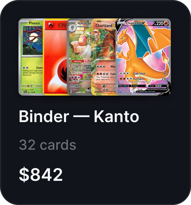 Binder — Kanto showing 32 cards worth $842 in HoloGem